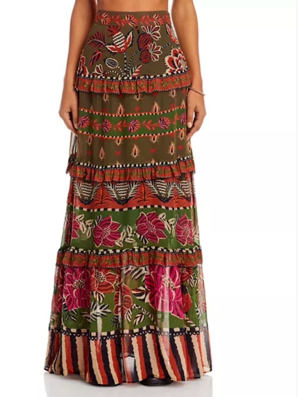 NWT FARM Rio Ainika Floral Garden Maxi Skirt Tiered Maxi Skirt in Olive and Rust - Picture 5 of 12